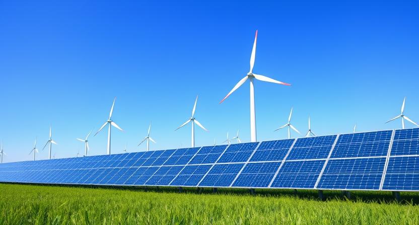 Renewable energy sources like solar panels and wind turbines as solutions to climate change in 2025.