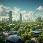 Green cities in 2025 with solar panels, wind turbines, and trees showing the essential role of climate change action for a better future.