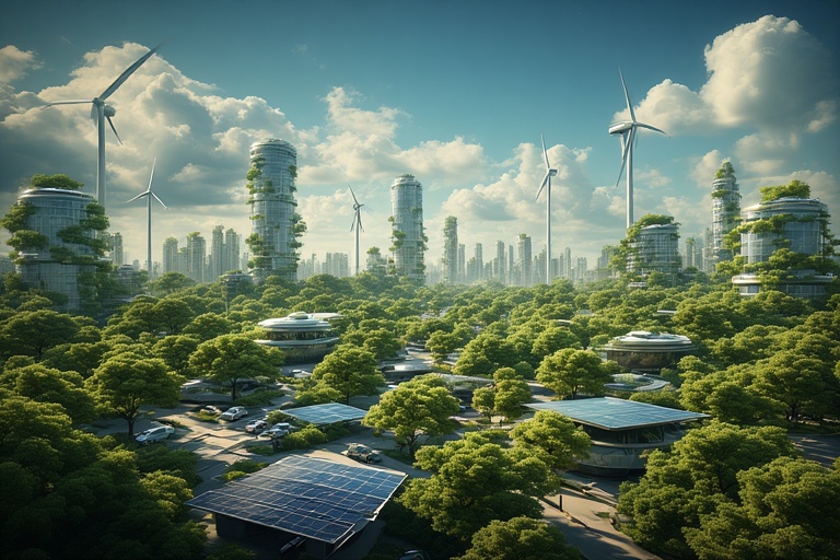Green cities in 2025 with solar panels, wind turbines, and trees showing the essential role of climate change action for a better future.
