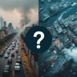 Split image showing pollution with smog and factories on one side, and climate change effects like floods and droughts on the other in 2025.