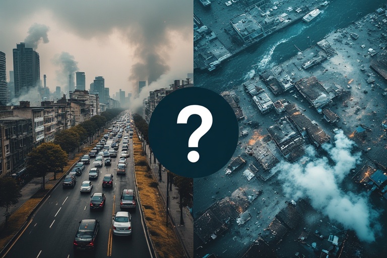 Split image showing pollution with smog and factories on one side, and climate change effects like floods and droughts on the other in 2025.