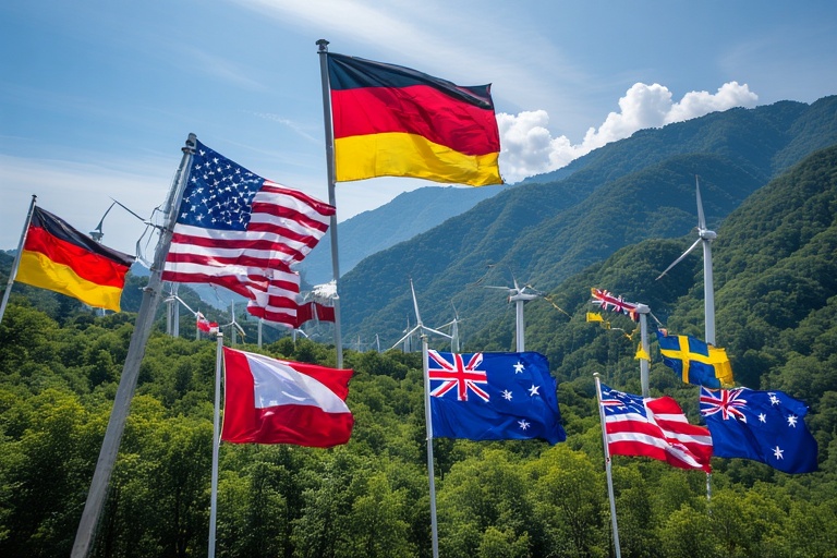 Illustration of nations in 2025 working together with renewable energy and greenery to fight climate change and inspire the world. 👉 This design highlights unity + inspiration, showing that countries can make a difference when they act together. Do you also want me to create a short text overlay suggestion (like “Together for a Greener Future”) to place on the cover image for extra impact?