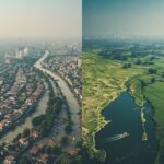 Visual of India in 2025 showing the shocking truth of climate change with heatwaves, floods, and pollution contrasted with clean energy solutions.