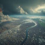 Visual of Earth in 2050 showing the dangerous future of climate change with floods, wildfires, and destruction across the planet.