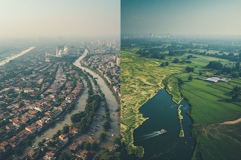 Visual of India in 2025 showing the shocking truth of climate change with heatwaves, floods, and pollution contrasted with clean energy solutions.