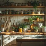 Eco-friendly kitchen with reusable jars, bamboo utensils, cloth bags, and sustainable swaps for a greener lifestyle.