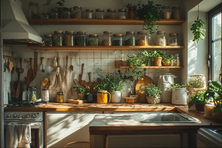 Eco-friendly kitchen with reusable jars, bamboo utensils, cloth bags, and sustainable swaps for a greener lifestyle.