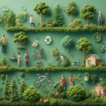 People in 2025 making easy green lifestyle changes like recycling, planting trees, and using clean energy to help save the world.