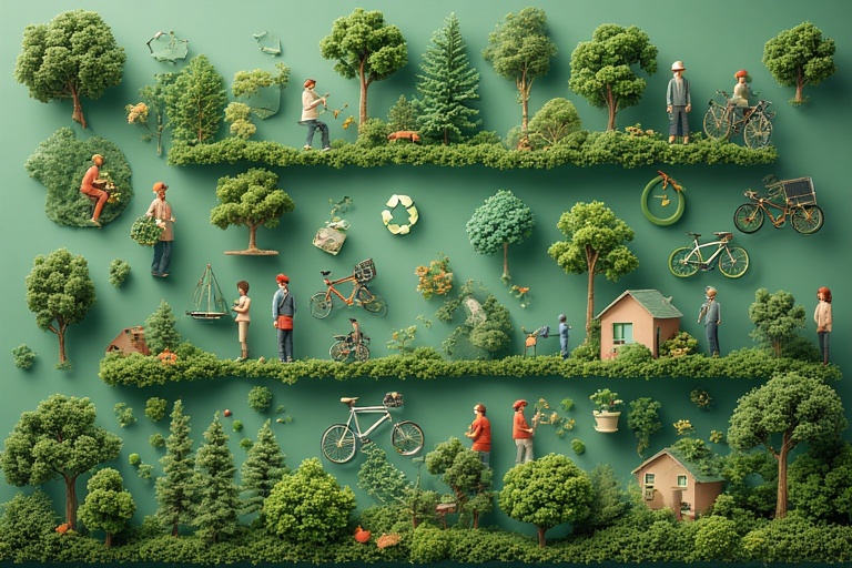 People in 2025 making easy green lifestyle changes like recycling, planting trees, and using clean energy to help save the world.