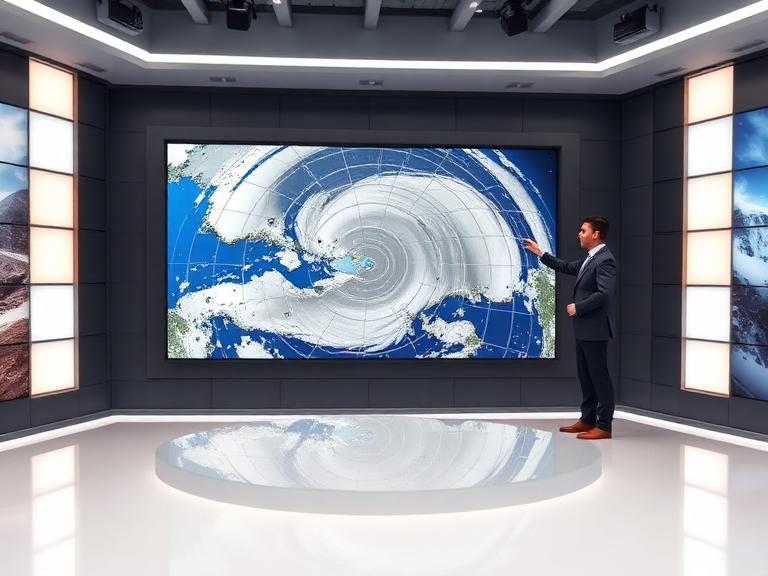 Winter storm watch map displayed on a digital weather screen with radar data