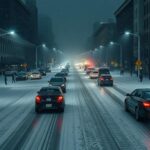 Real-life winter storm warning scene showing heavy snowfall and icy roads in an urban area