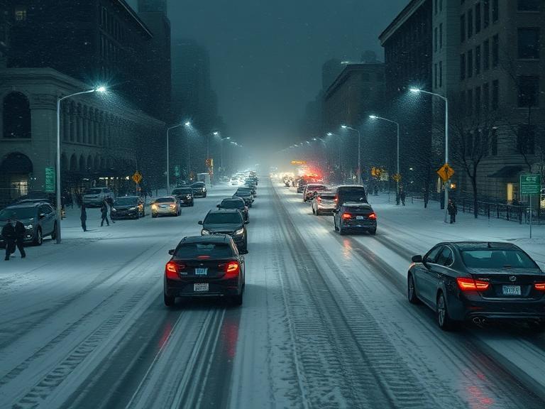 Real-life winter storm warning scene showing heavy snowfall and icy roads in an urban area